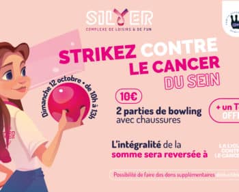 Affiche de l’événement caritatif "Strikez contre le cancer du sein" au Silver, complexe de loisirs situé à Beaucouzé. Dimanche 12 octobre de 10h à 13h : 2 parties de bowling avec chaussures pour 10 €, un T-shirt offert. L’intégralité des fonds sera reversée à la Ligue contre le cancer (Maine-et-Loire)