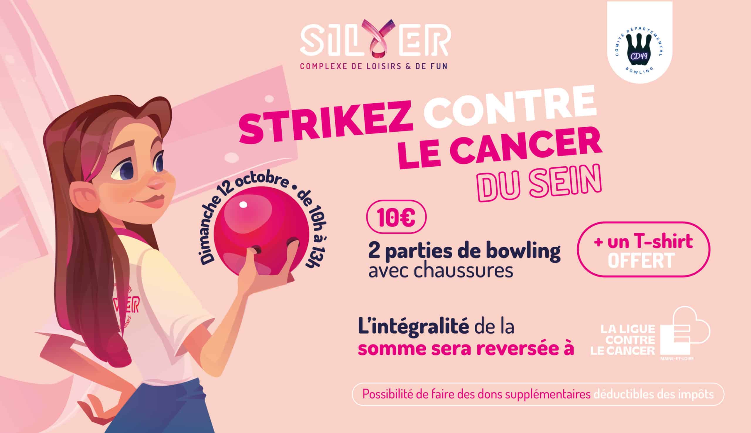 Affiche de l’événement caritatif "Strikez contre le cancer du sein" au Silver, complexe de loisirs situé à Beaucouzé. Dimanche 12 octobre de 10h à 13h : 2 parties de bowling avec chaussures pour 10 €, un T-shirt offert. L’intégralité des fonds sera reversée à la Ligue contre le cancer (Maine-et-Loire)