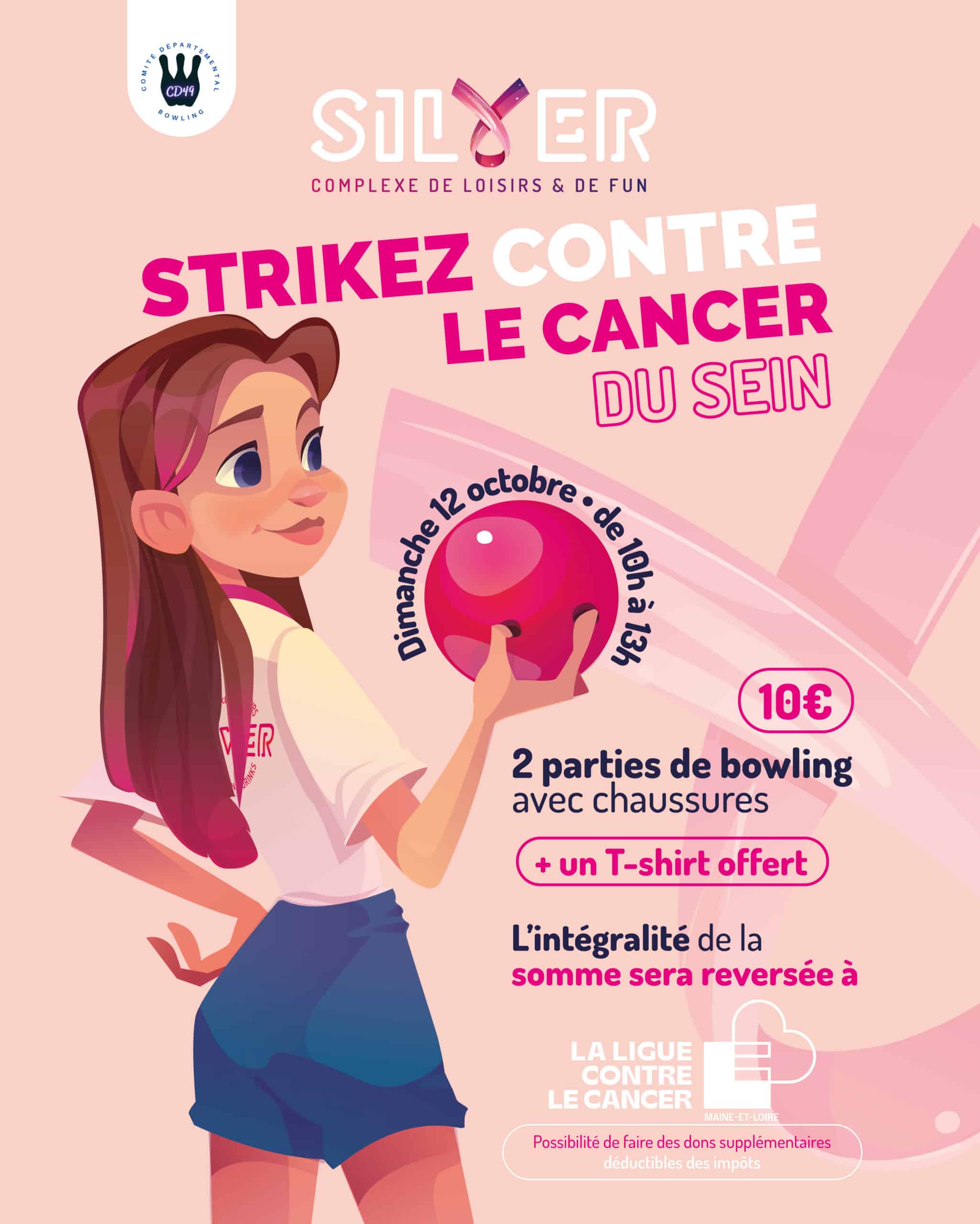 Affiche de l’événement caritatif "Strikez contre le cancer du sein" au Silver, complexe de loisirs situé à Beaucouzé. Dimanche 12 octobre de 10h à 13h : 2 parties de bowling avec chaussures pour 10 €, un T-shirt offert. L’intégralité des fonds sera reversée à la Ligue contre le cancer (Maine-et-Loire)